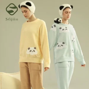 SUJIIN Women's Cute Pajamas Sets Autumn Winter Panda Graphic Sleepwear for Women Men Couple Loungewear Suit Home Clothes SH001