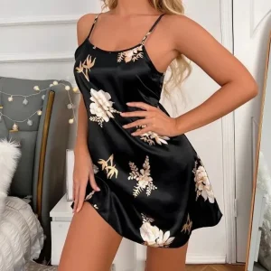 Women Nightwear Home Clothes Sexy Black Floral Printing Nightdress Sleepwear Nightshirts Silk Sleepshirts Nightgowns For Woman