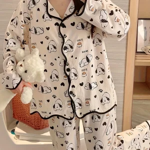 High - aesthetic - appeal women's long - sleeve pajamas with lovely cartoon dog prints, contrast - colored piping, and a soft, c