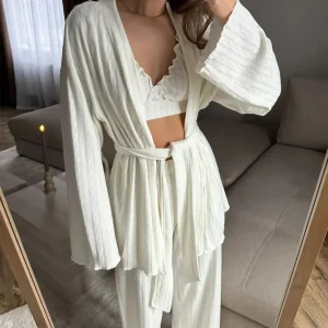 Muzuleva Knitted Home Clothing Autumn Long Sleeved Nightgown Underwear Long pants 3-piece Set Women's Breathable Pajama Set