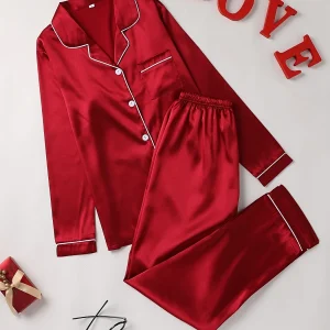 Solid Pajama Set Long Sleeve Button Up Lapel Top & Pants Pj Set Women's Sleepwear & Loungewear