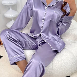 Ladies' autumn and winter solid color imitation silk comfortable and elegant purple pajamas women's long sleeved home suit set
