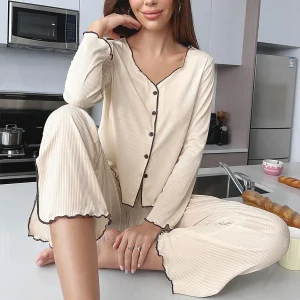 Autumn Winter Women Solid Color Pajama Set Casual Loungewear Long Sleeve Leg Pants 2 Piece Outfit Comfortable Homewear New Hot