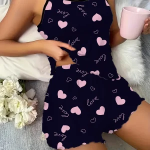 Women's Bow Heart Print Pajamas Set Home Wear Backless Crop Top and Shorts, Comfortable Loose Fit Summer Sleepwear