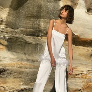 Chic Satin Pajamas With Feathers Sleepwear Women Sets With Pants Black Spaghetti Strap Home Suit White Trouser Suits 2022