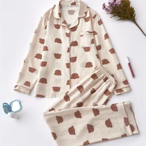 Cozy Bear Print Pajama Set for Women - Long Sleeve, Button-Up Lapel Top & Elastic Waist Pants, Machine Washable, for Autumn
